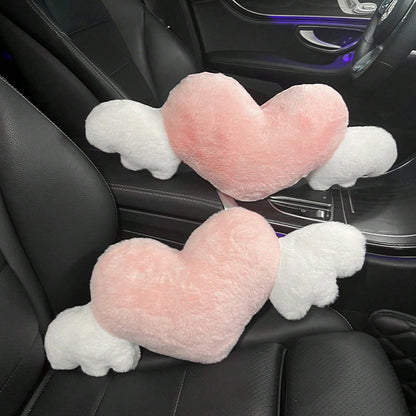 1pc Plush Car Headrest Neck Pillow, Heart-Shaped Wings Soft Neck Support Cushion, Car Interior Accessories, Women Car Accessories, Car Pillow, Love