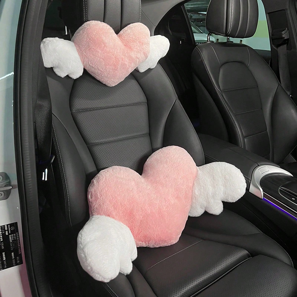 1pc Plush Car Headrest Neck Pillow, Heart-Shaped Wings Soft Neck Support Cushion, Car Interior Accessories, Women Car Accessories, Car Pillow, Love