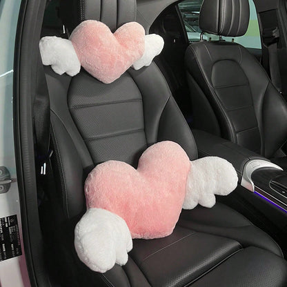 1pc Plush Car Headrest Neck Pillow, Heart-Shaped Wings Soft Neck Support Cushion, Car Interior Accessories, Women Car Accessories, Car Pillow, Love