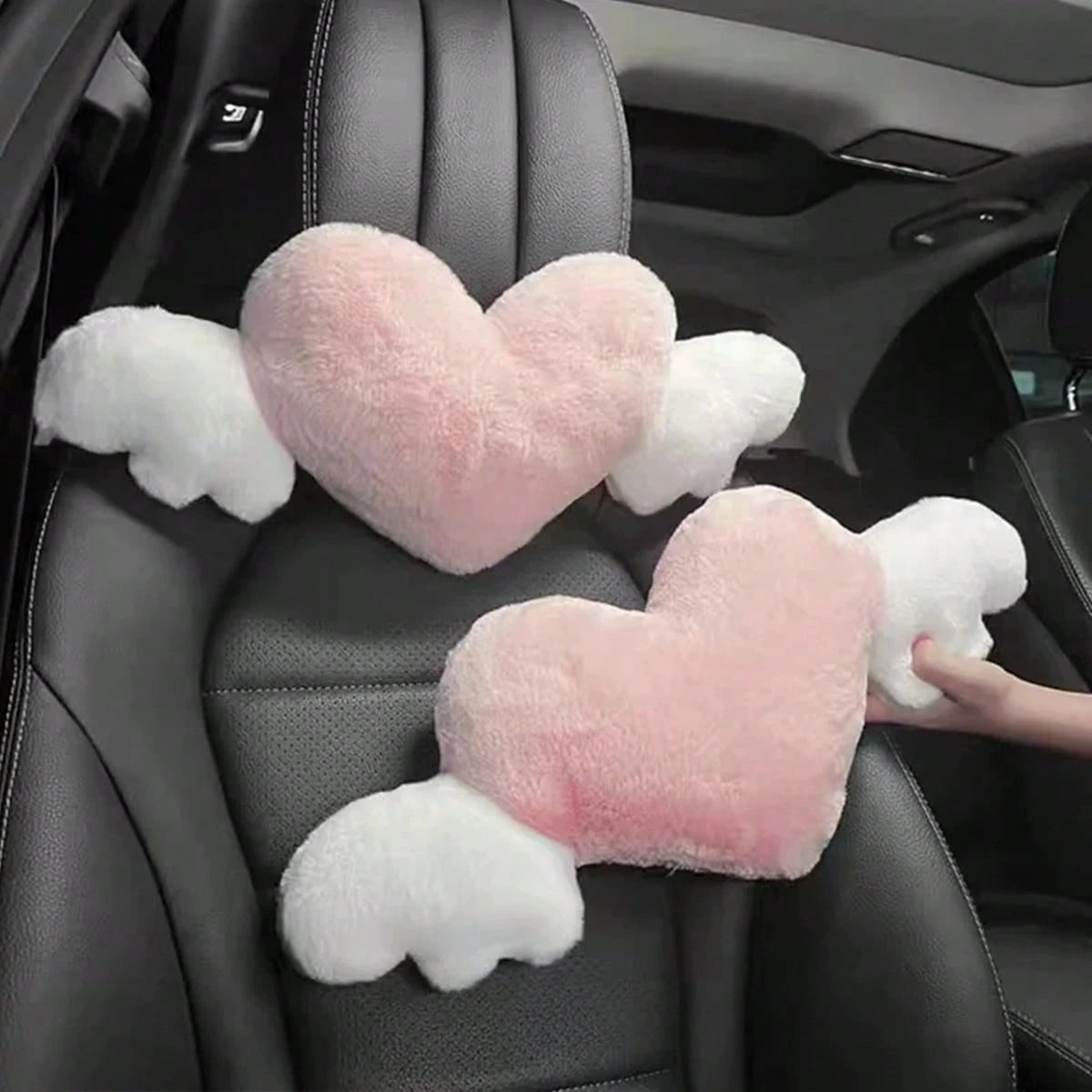 1pc Plush Car Headrest Neck Pillow, Heart-Shaped Wings Soft Neck Support Cushion, Car Interior Accessories, Women Car Accessories, Car Pillow, Love
