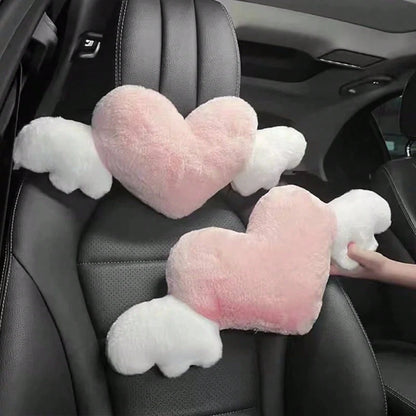 1pc Plush Car Headrest Neck Pillow, Heart-Shaped Wings Soft Neck Support Cushion, Car Interior Accessories, Women Car Accessories, Car Pillow, Love