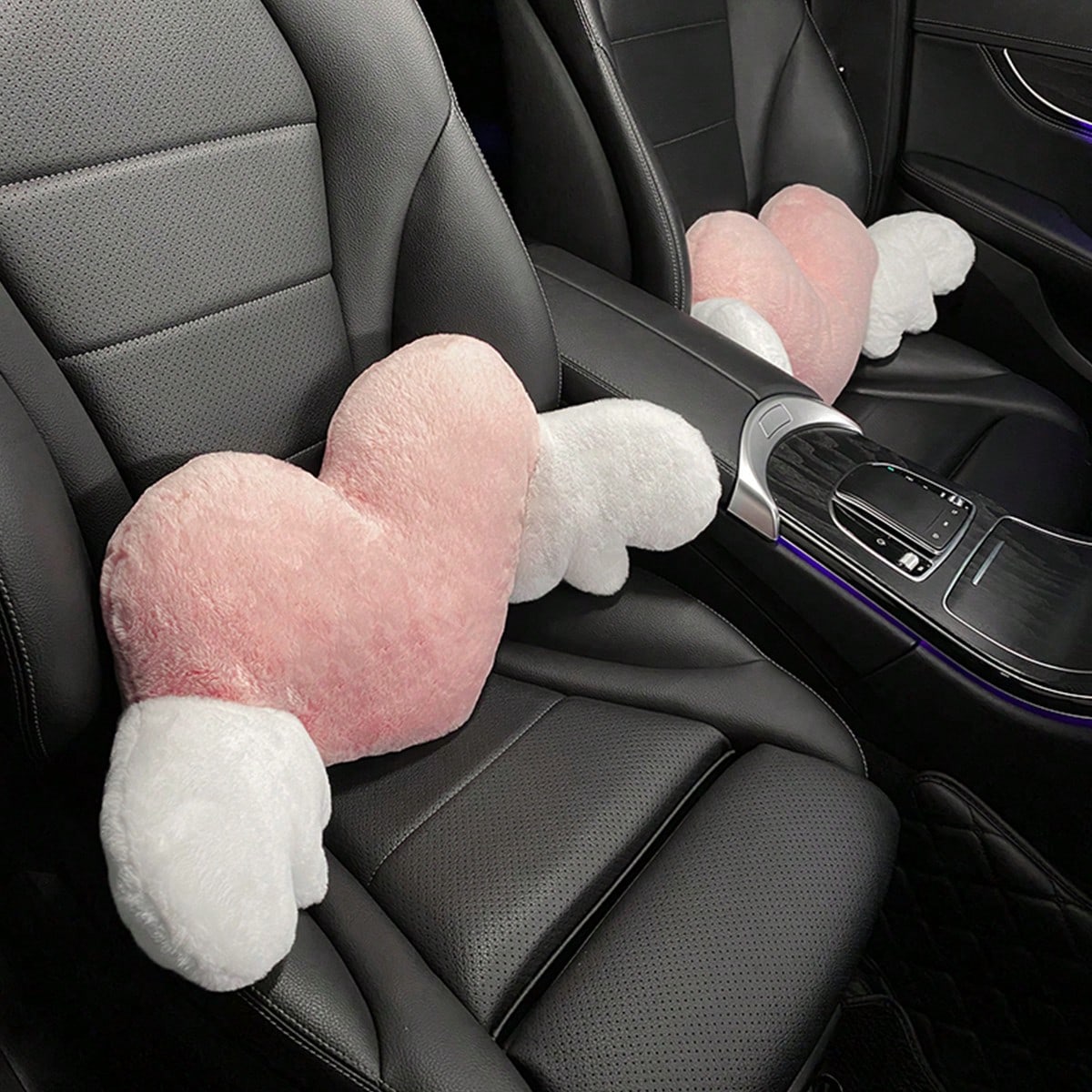 1pc Plush Car Headrest Neck Pillow, Heart-Shaped Wings Soft Neck Support Cushion, Car Interior Accessories, Women Car Accessories, Car Pillow, Love