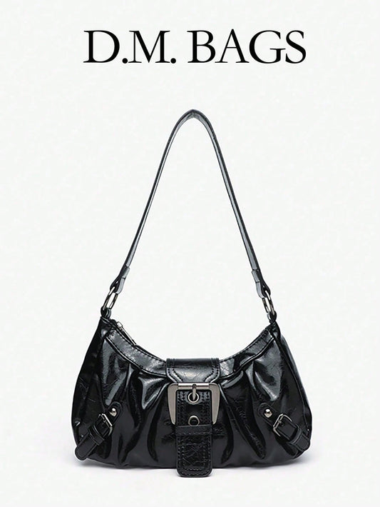 1pc PU Y2K Women's Vintage Maillard Wasteland Style Soft Distressed Leather Motorcycle Bag With Rivet Buckle Decor, Ruched Cloud Design Shoulder Underarm Bag, Baguette Square Bag, Suitable For Work, C