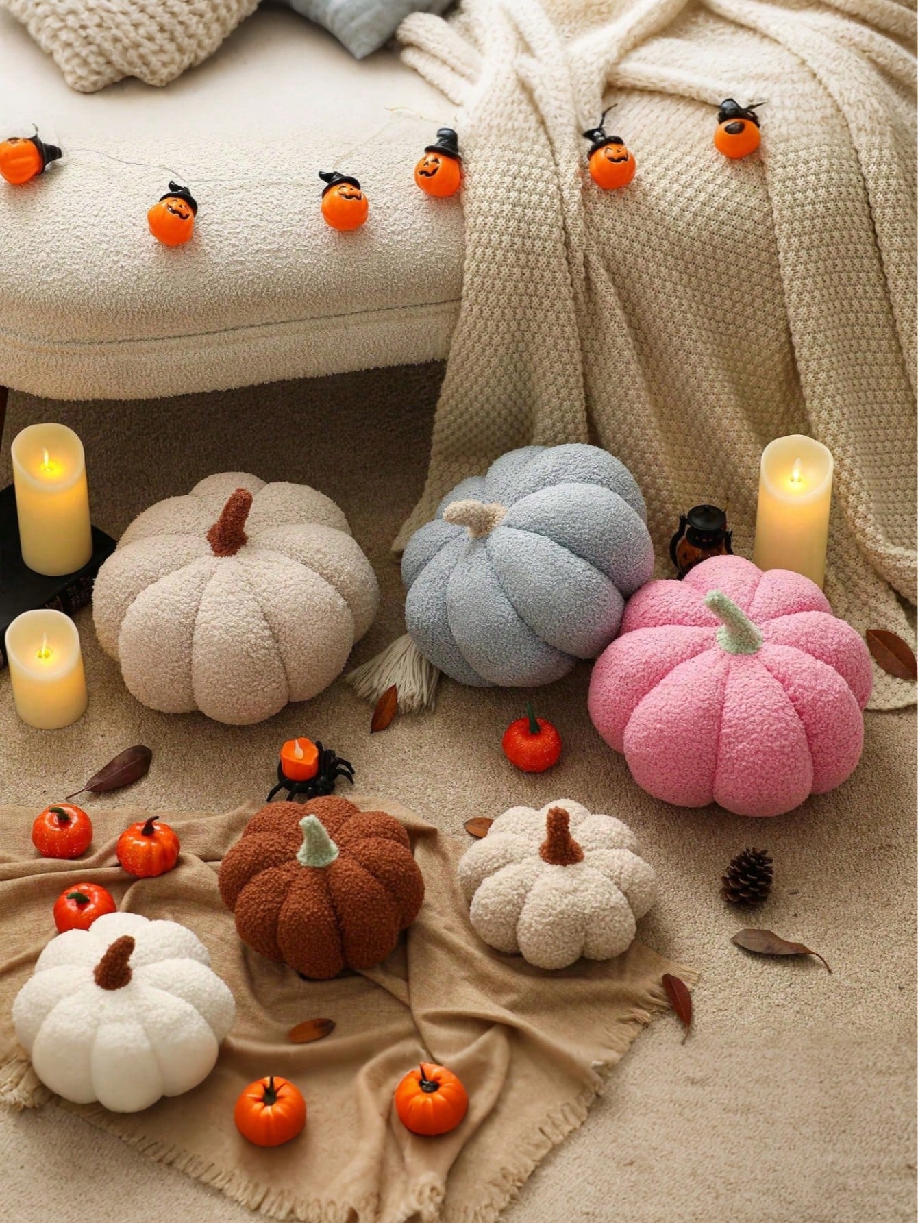 1pc Pumpkin Throw Pillow, Halloween Pumpkin Decorative Pillow, White Shaped Pillow, Autumn Room Decor Gift, Teddy Fleece Cute Halloween Pillow, Autumn Home Bedroom Cushion, Holiday Christmas Halloween
