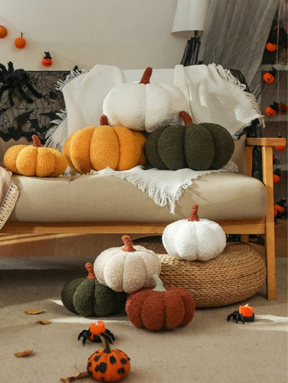1pc Pumpkin Throw Pillow, Halloween Pumpkin Decorative Pillow, White Shaped Pillow, Autumn Room Decor Gift, Teddy Fleece Cute Halloween Pillow, Autumn Home Bedroom Cushion, Holiday Christmas Halloween
