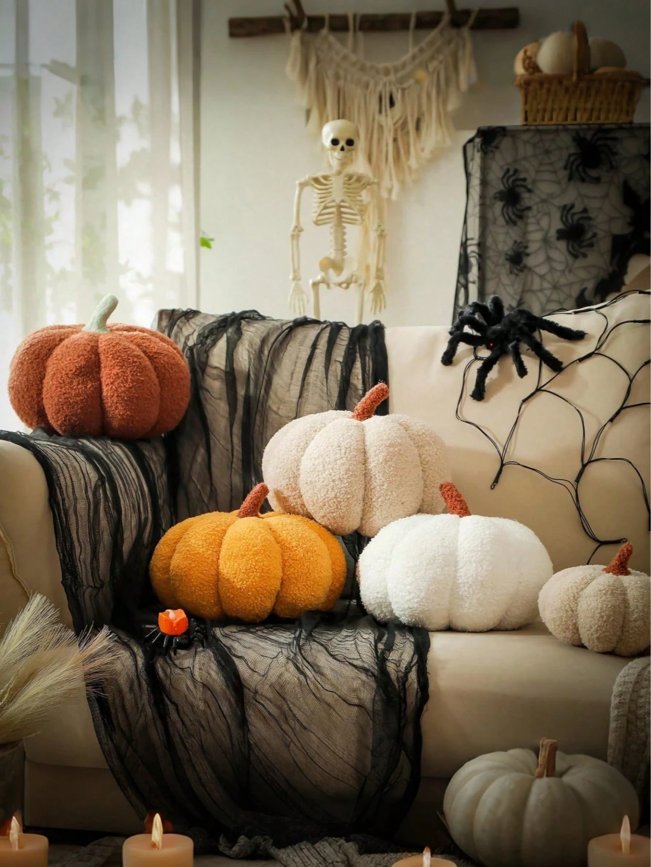 1pc Pumpkin Throw Pillow, Halloween Pumpkin Decorative Pillow, White Shaped Pillow, Autumn Room Decor Gift, Teddy Fleece Cute Halloween Pillow, Autumn Home Bedroom Cushion, Holiday Christmas Halloween