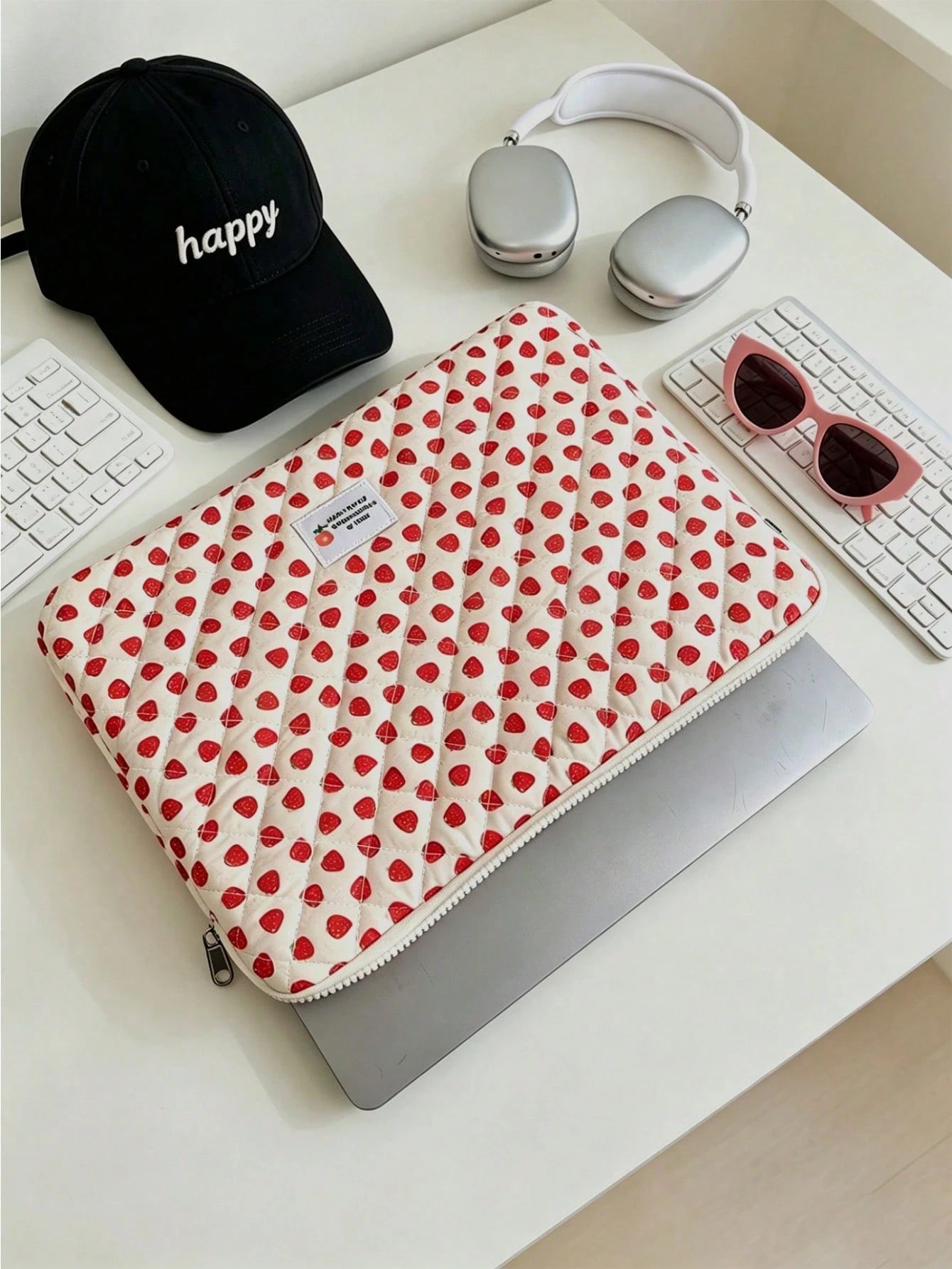 1pc Quilted Laptop Sleeve Bag With Strawberry Pattern, Fashionable & Lightweight, Fits 11", 13", 15" Laptops And Tablets, Back To School Essential, Laptop Protective Case, Laptop Inner Sleeve, Laptop