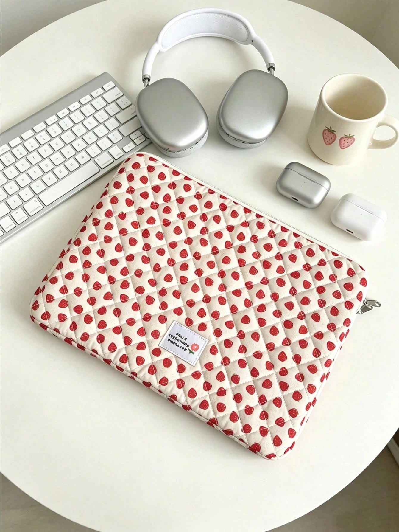 1pc Quilted Laptop Sleeve Bag With Strawberry Pattern, Fashionable & Lightweight, Fits 11", 13", 15" Laptops And Tablets, Back To School Essential, Laptop Protective Case, Laptop Inner Sleeve, Laptop