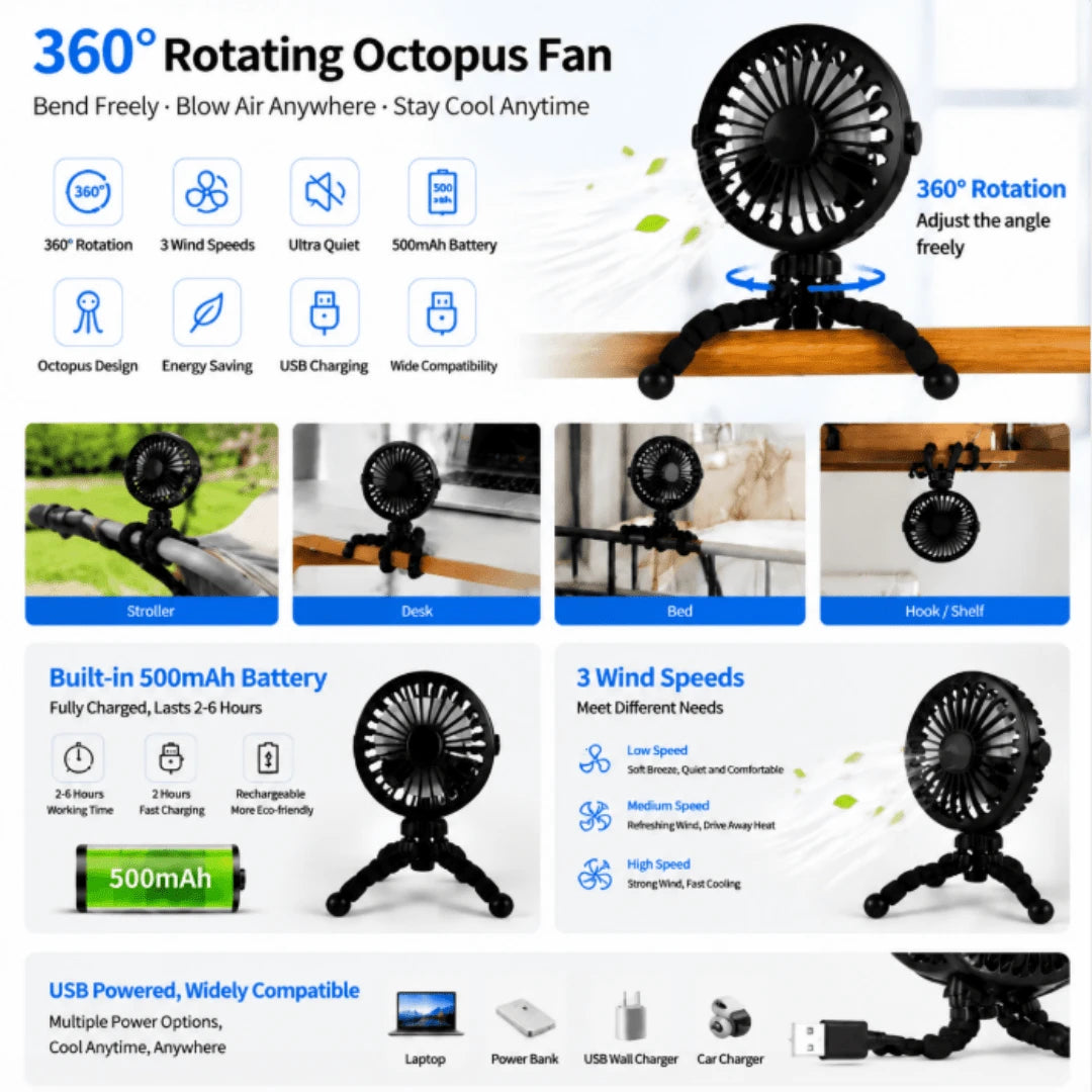 1PC Rechargeable Octopus Mini Fan, Flexible Tripod 500mAh Portable Cooling Fan For Travel Cycling