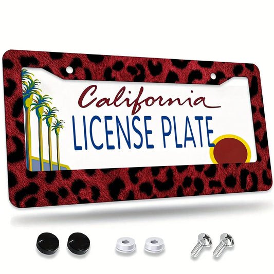 1pc Red Leopard Print License Plate Frame- Rust-Proof, Rattle-Proof, Weather-Proof Aluminum Bracket Holder US Standard, Decorative Car Accessory With Tree & Design, Car Decorations, Vehicle Customiza