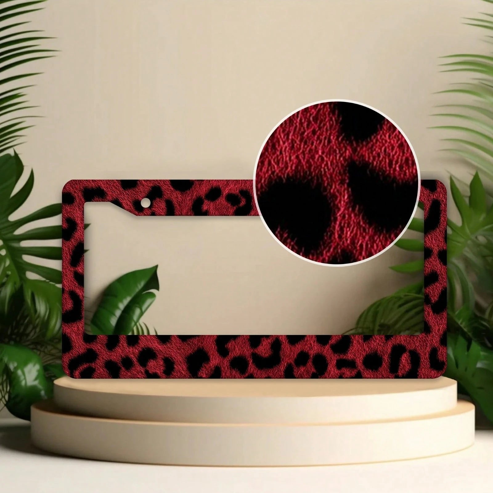 1pc Red Leopard Print License Plate Frame- Rust-Proof, Rattle-Proof, Weather-Proof Aluminum Bracket Holder US Standard, Decorative Car Accessory With Tree & Design, Car Decorations, Vehicle Customiza