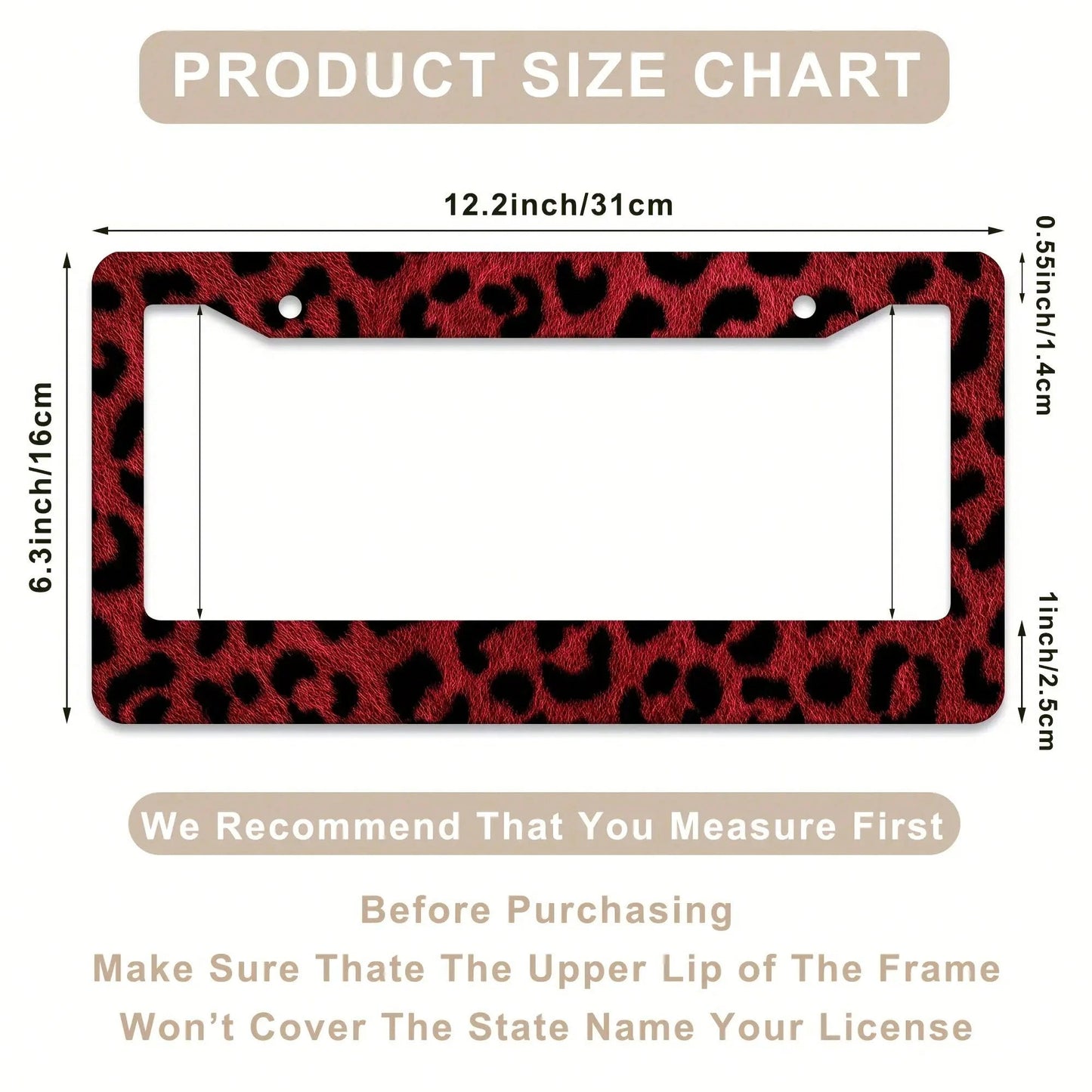 1pc Red Leopard Print License Plate Frame- Rust-Proof, Rattle-Proof, Weather-Proof Aluminum Bracket Holder US Standard, Decorative Car Accessory With Tree & Design, Car Decorations, Vehicle Customiza
