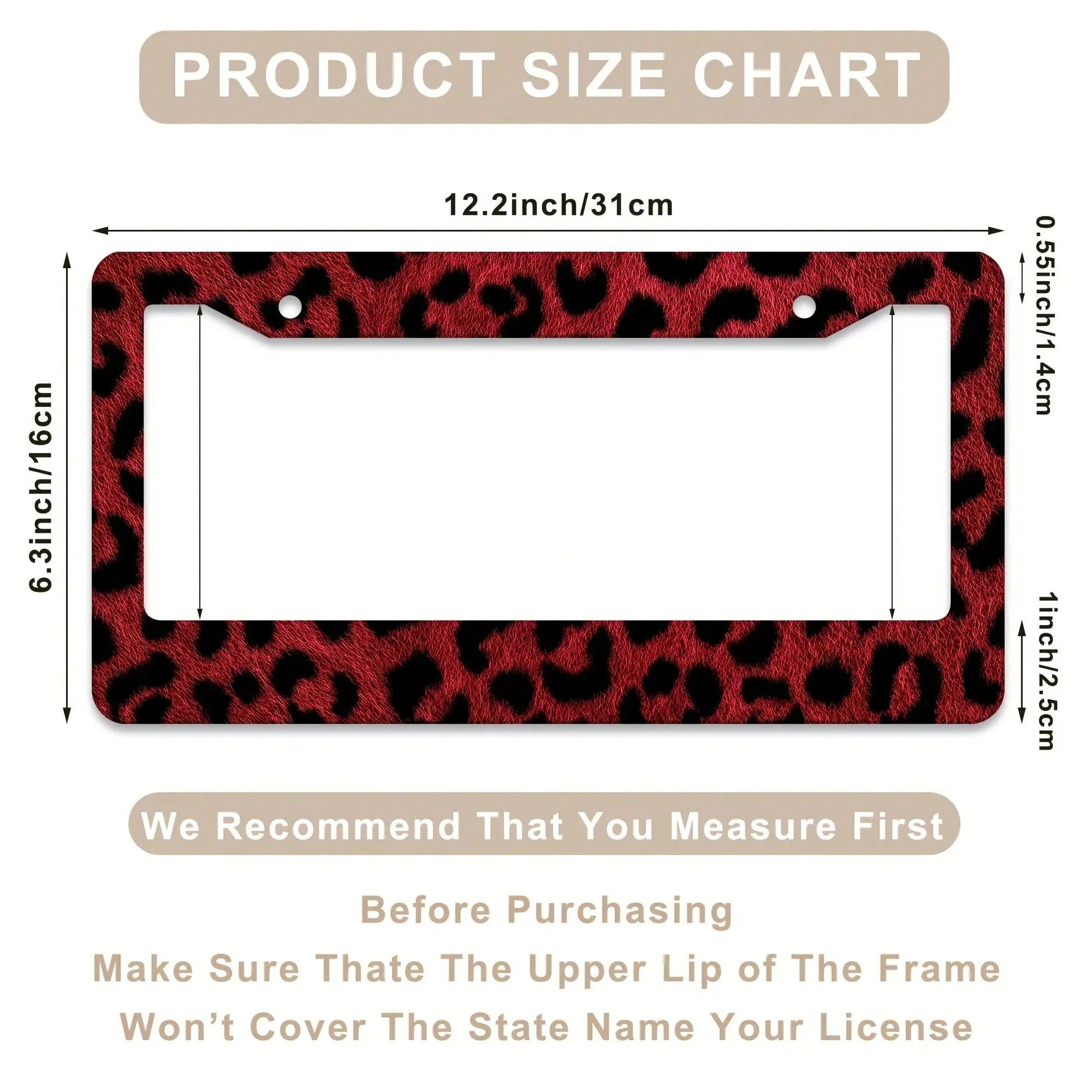 1pc Red Leopard Print License Plate Frame- Rust-Proof, Rattle-Proof, Weather-Proof Aluminum Bracket Holder US Standard, Decorative Car Accessory With Tree & Design, Car Decorations, Vehicle Customiza