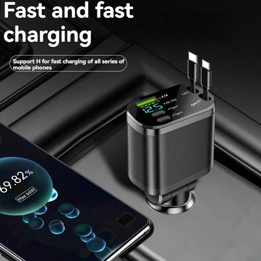 1pc Retractable 5-In-1 Car Charger Adapter, Built-In Retractable Cable, Dual PD 3.1A Super Fast Charging Ports, Digital Voltage Display, Universal Car Charger, Suitable For Phones, Tablets And Electro