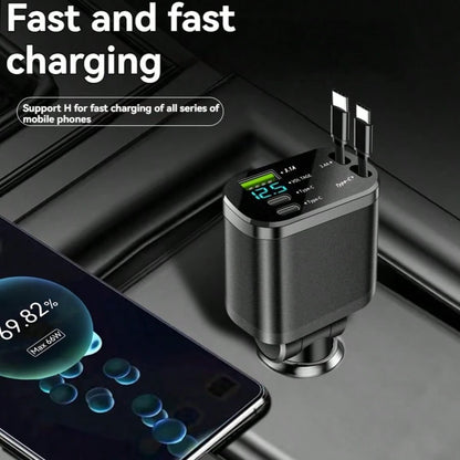 1pc Retractable 5-In-1 Car Charger Adapter, Built-In Retractable Cable, Dual PD 3.1A Super Fast Charging Ports, Digital Voltage Display, Universal Car Charger, Suitable For Phones, Tablets And Electro