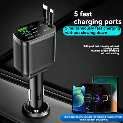 1pc Retractable 5-In-1 Car Charger Adapter, Built-In Retractable Cable, Dual PD 3.1A Super Fast Charging Ports, Digital Voltage Display, Universal Car Charger, Suitable For Phones, Tablets And Electro