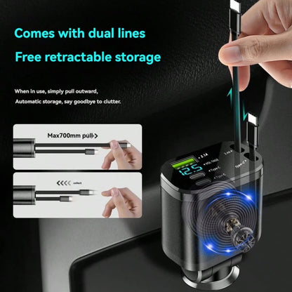 1pc Retractable 5-In-1 Car Charger Adapter, Built-In Retractable Cable, Dual PD 3.1A Super Fast Charging Ports, Digital Voltage Display, Universal Car Charger, Suitable For Phones, Tablets And Electro