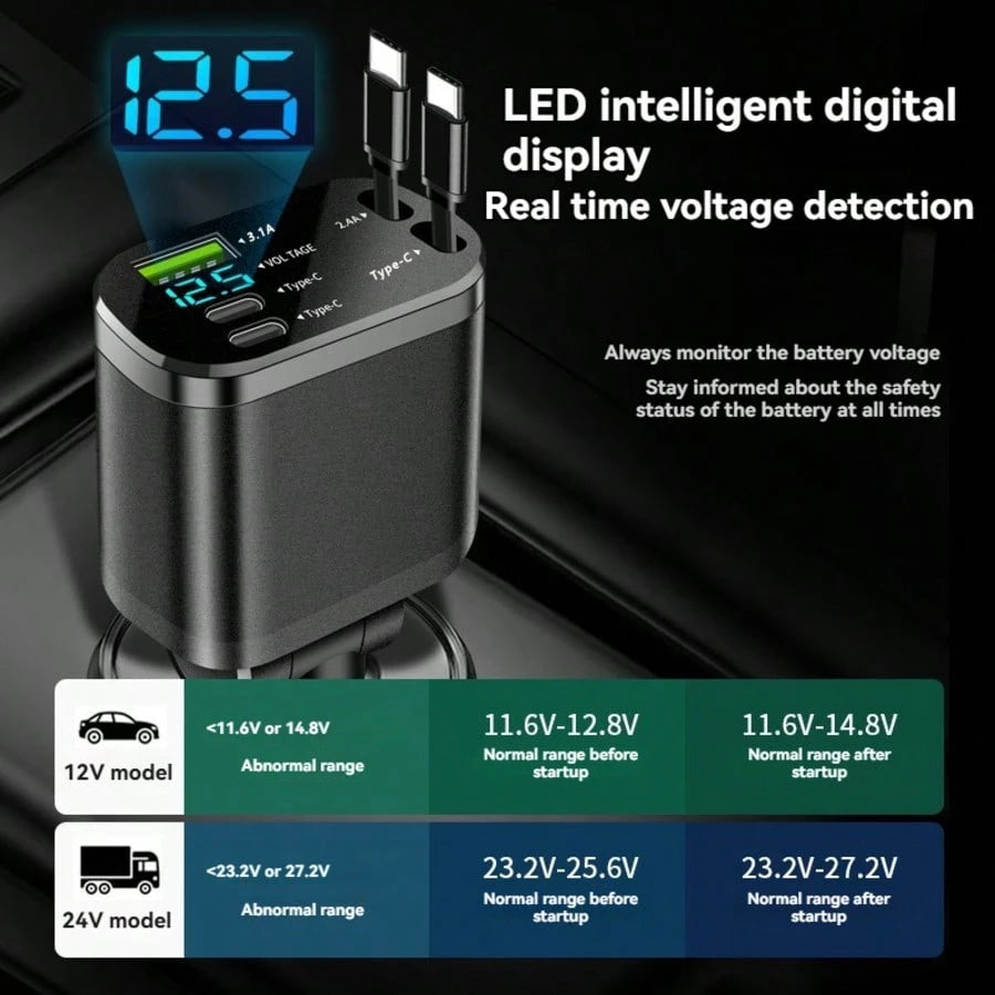 1pc Retractable 5-In-1 Car Charger Adapter, Built-In Retractable Cable, Dual PD 3.1A Super Fast Charging Ports, Digital Voltage Display, Universal Car Charger, Suitable For Phones, Tablets And Electro