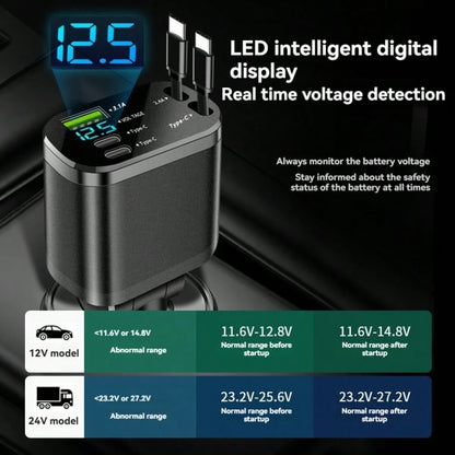 1pc Retractable 5-In-1 Car Charger Adapter, Built-In Retractable Cable, Dual PD 3.1A Super Fast Charging Ports, Digital Voltage Display, Universal Car Charger, Suitable For Phones, Tablets And Electro