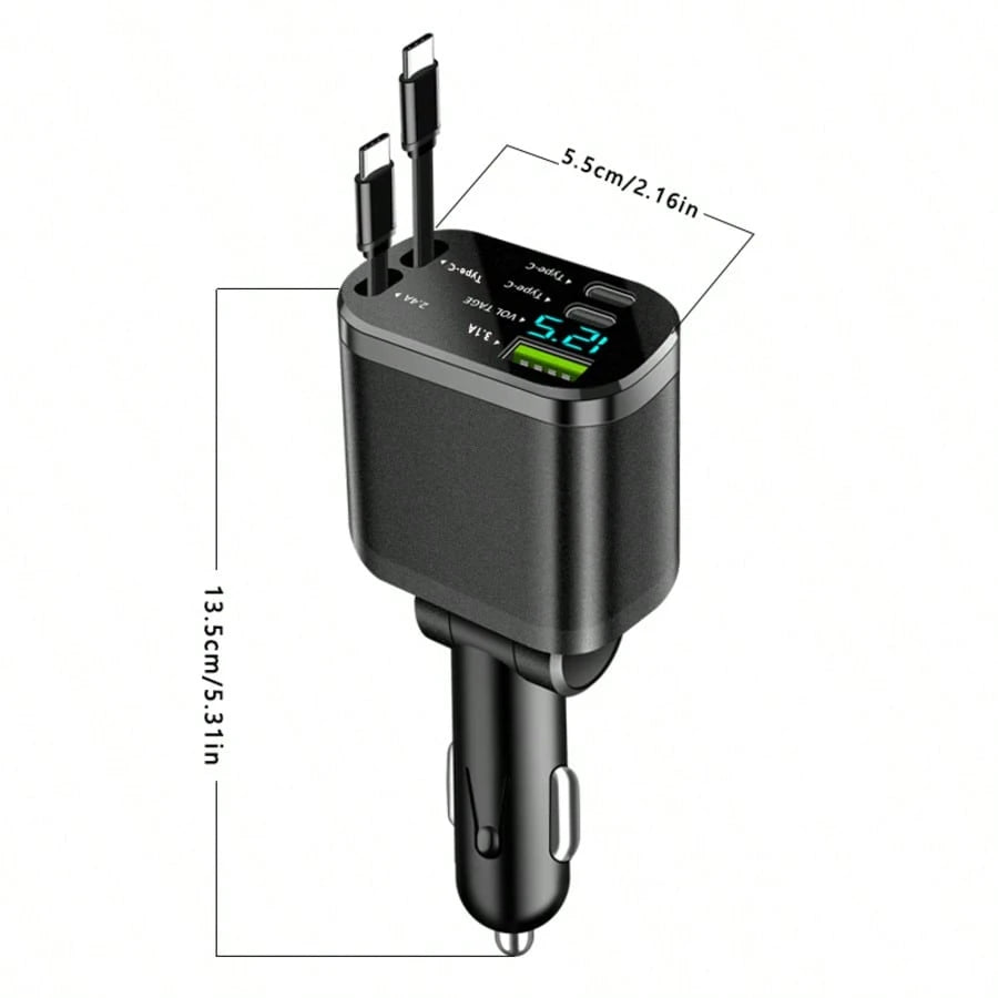 1pc Retractable 5-In-1 Car Charger Adapter, Built-In Retractable Cable, Dual PD 3.1A Super Fast Charging Ports, Digital Voltage Display, Universal Car Charger, Suitable For Phones, Tablets And Electro