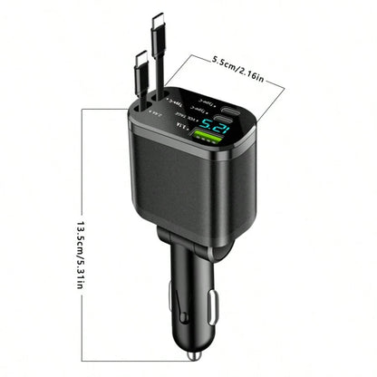 1pc Retractable 5-In-1 Car Charger Adapter, Built-In Retractable Cable, Dual PD 3.1A Super Fast Charging Ports, Digital Voltage Display, Universal Car Charger, Suitable For Phones, Tablets And Electro
