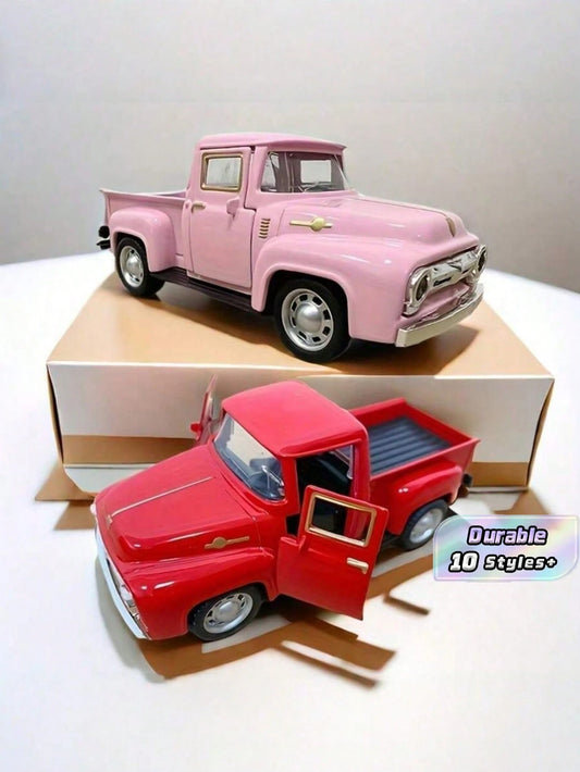 1pc Retro Alloy Metal Pickup Truck Decoration- Pink & Red Classic Car Model With Decor, Openable Doors, Required- Ideal For Home & Office Decor, Toy Vehicle Collection