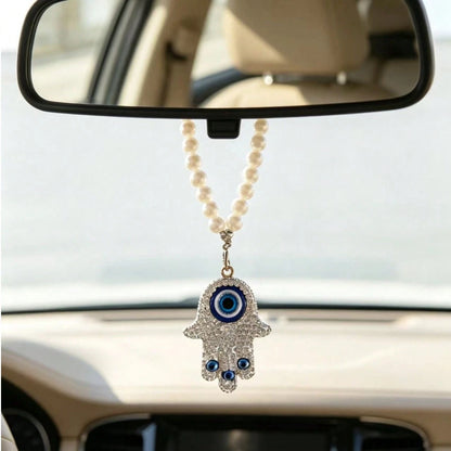 1pc Rhinestone Evil Eye Palm Pearl Pendant Car Decoration Hanging Ornament, Cute Bag Charm