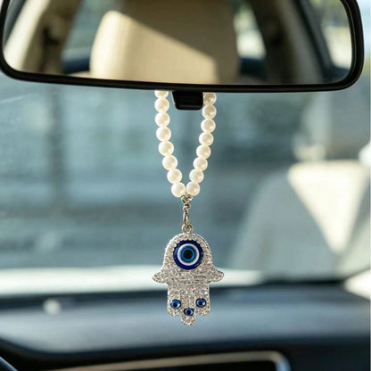 1pc Rhinestone Evil Eye Palm Pearl Pendant Car Decoration Hanging Ornament, Cute Bag Charm