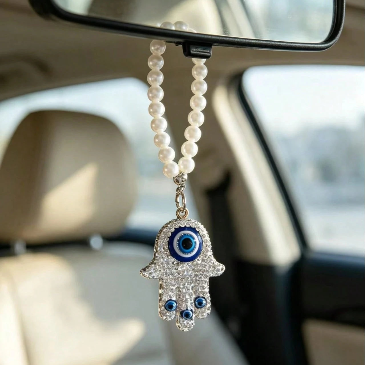 1pc Rhinestone Evil Eye Palm Pearl Pendant Car Decoration Hanging Ornament, Cute Bag Charm
