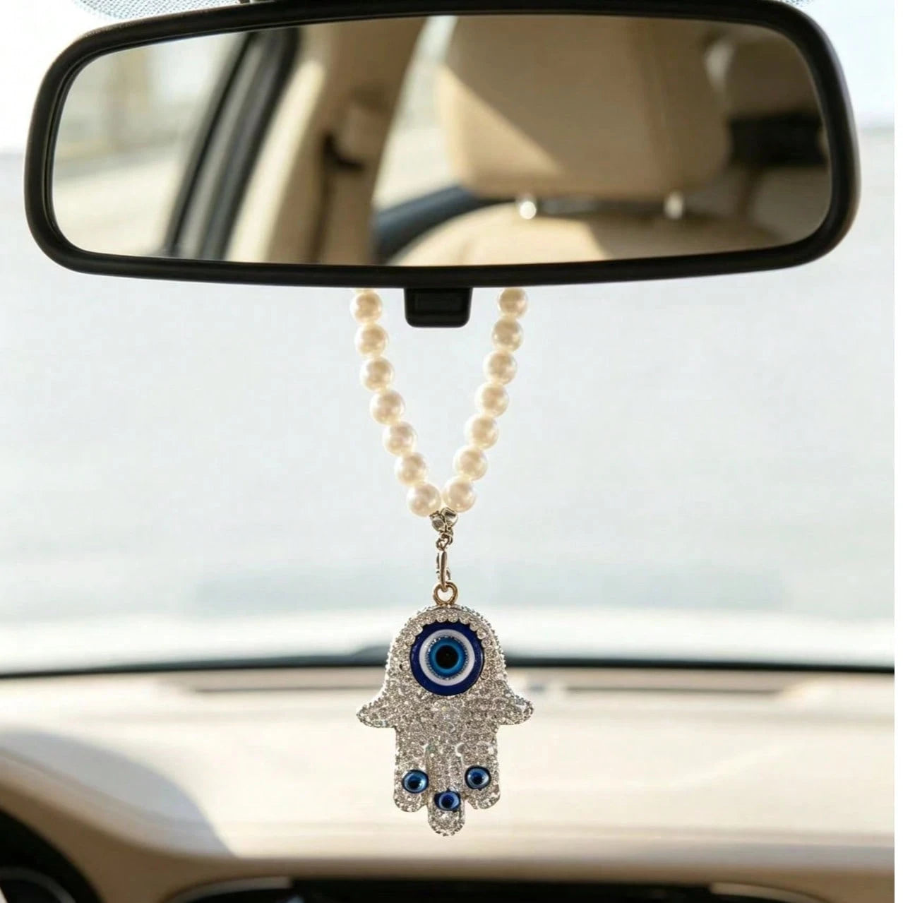 1pc Rhinestone Evil Eye Palm Pearl Pendant Car Decoration Hanging Ornament, Cute Bag Charm