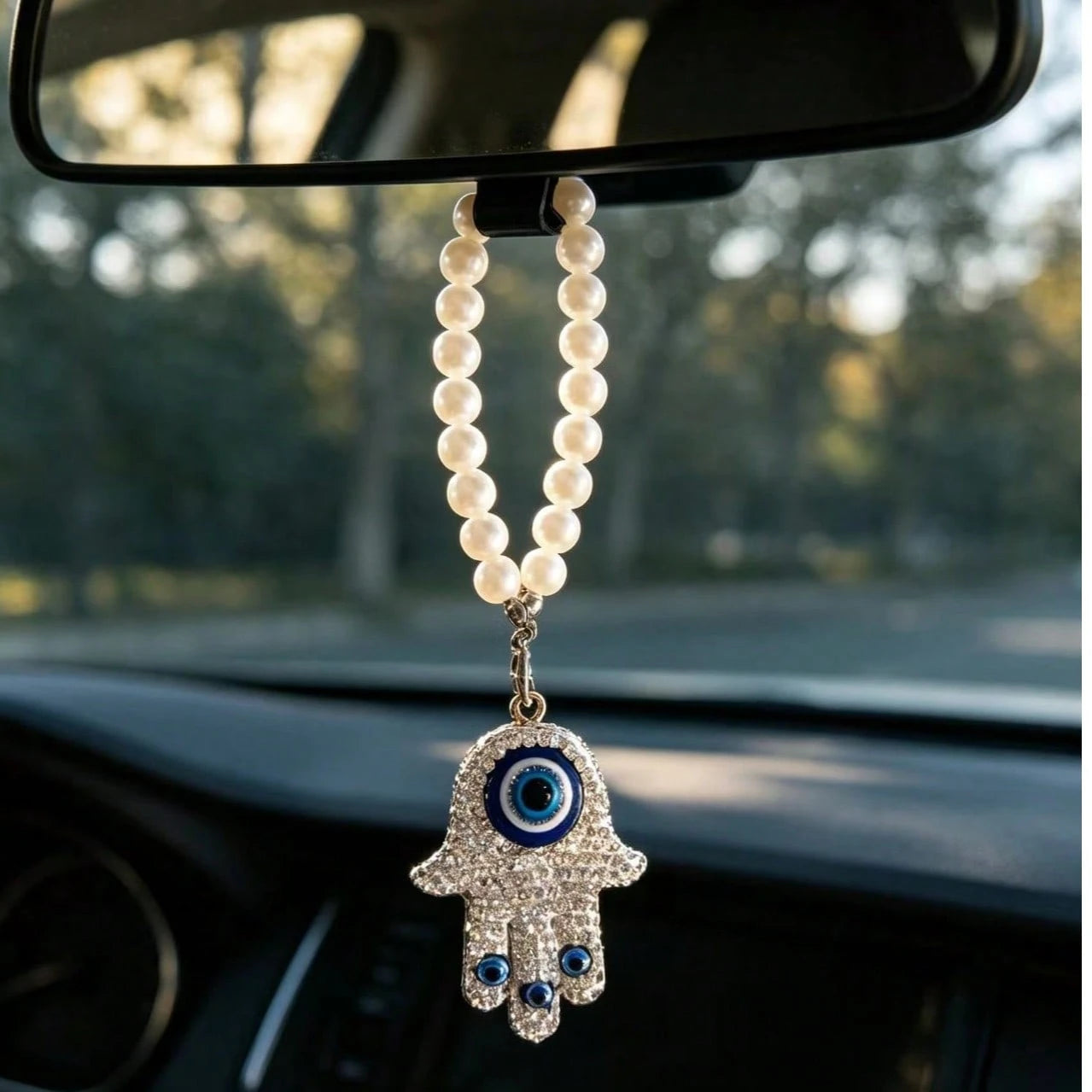 1pc Rhinestone Evil Eye Palm Pearl Pendant Car Decoration Hanging Ornament, Cute Bag Charm