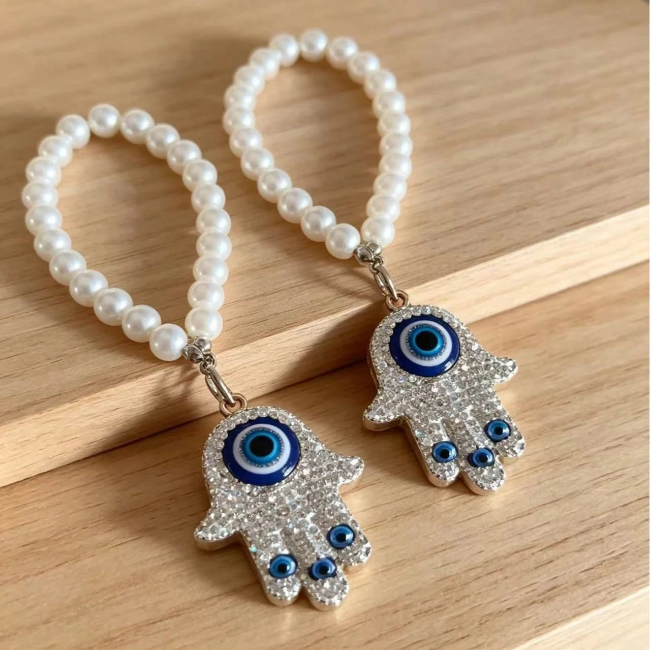 1pc Rhinestone Evil Eye Palm Pearl Pendant Car Decoration Hanging Ornament, Cute Bag Charm