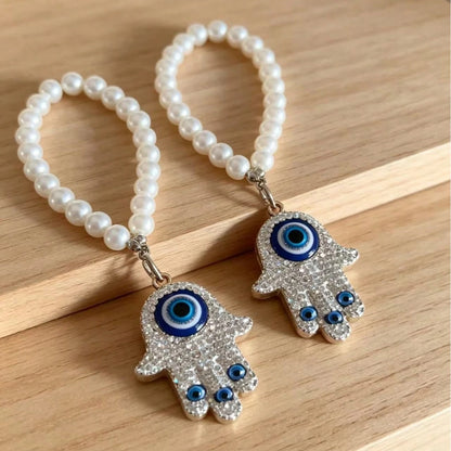 1pc Rhinestone Evil Eye Palm Pearl Pendant Car Decoration Hanging Ornament, Cute Bag Charm