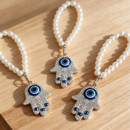 1pc Rhinestone Evil Eye Palm Pearl Pendant Car Decoration Hanging Ornament, Cute Bag Charm