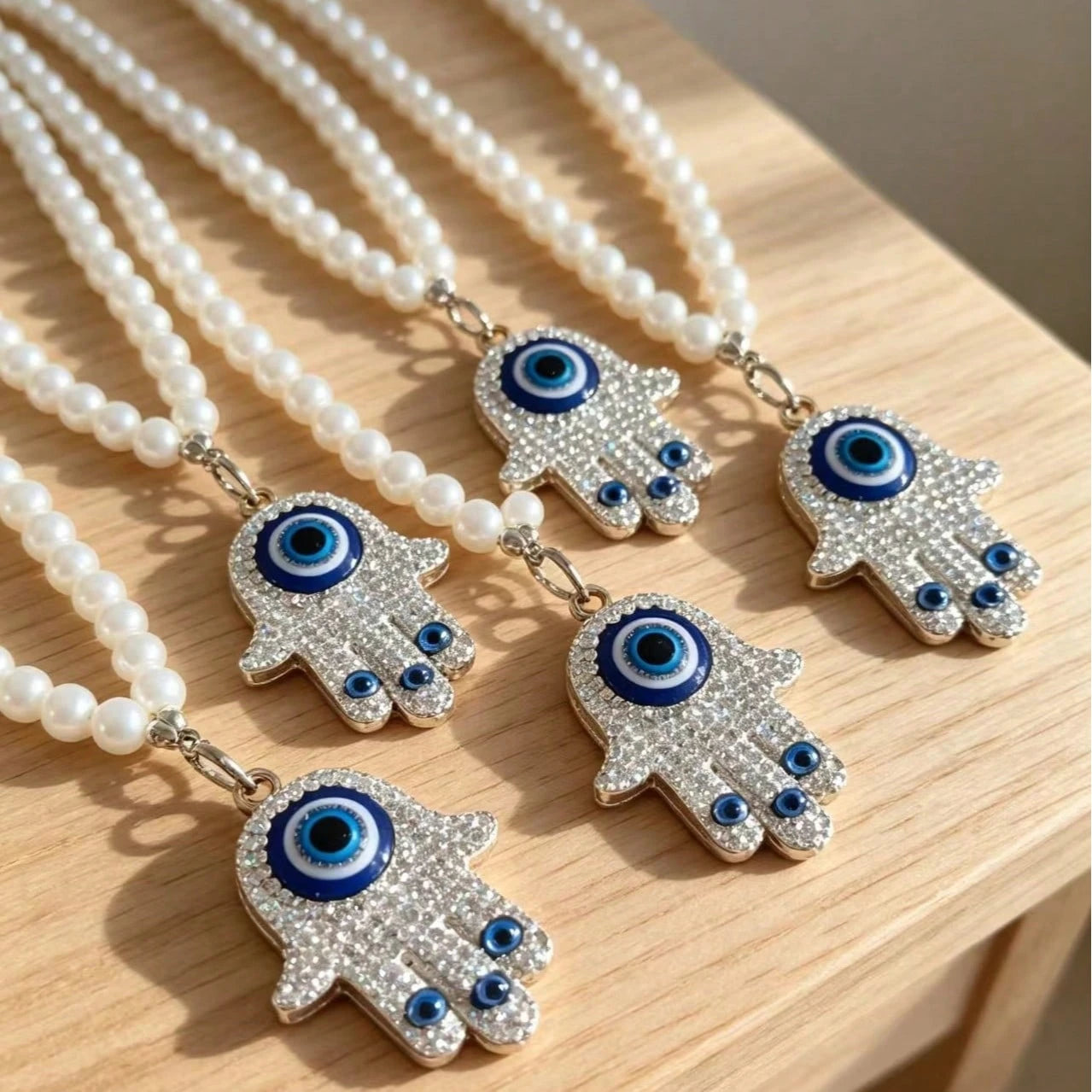 1pc Rhinestone Evil Eye Palm Pearl Pendant Car Decoration Hanging Ornament, Cute Bag Charm