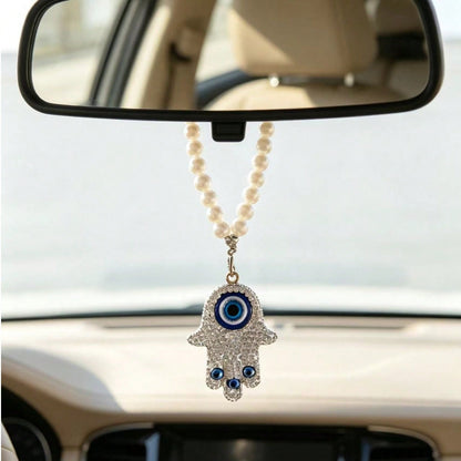 1pc Rhinestone Evil Eye Palm Pearl Pendant Car Decoration Hanging Ornament, Cute Bag Charm