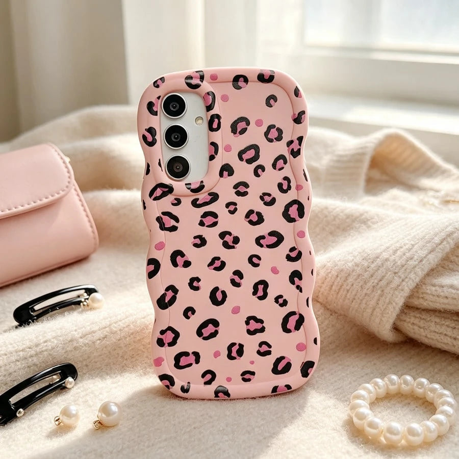 1pc Rose Red Leopard Print Minimalist Black Pink Cute Matte Fresh European American Ins Gentle Style Beautiful Fashion Vintage, Macaron Color Full Coverage Anti-Drop Fresh Colorful Wave Shape Cream St
