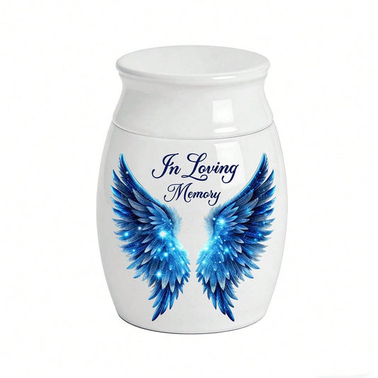 1pc Round White Porcelain Urn For Ashes, Available In Large And Small Sizes, Starry Blue Light Winged Cat And Dog Ashes And Hair Preservation Ceramic Jar