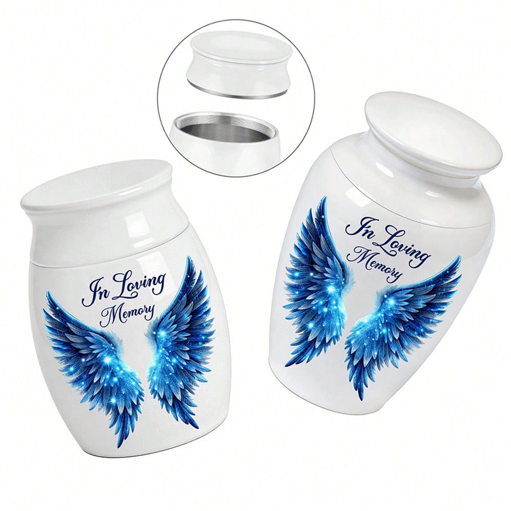 1pc Round White Porcelain Urn For Ashes, Available In Large And Small Sizes, Starry Blue Light Winged Cat And Dog Ashes And Hair Preservation Ceramic Jar