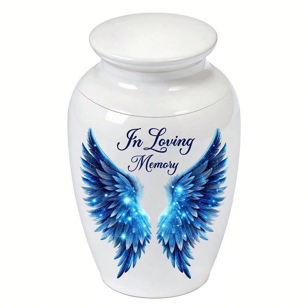 1pc Round White Porcelain Urn For Ashes, Available In Large And Small Sizes, Starry Blue Light Winged Cat And Dog Ashes And Hair Preservation Ceramic Jar
