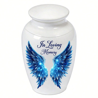 1pc Round White Porcelain Urn For Ashes, Available In Large And Small Sizes, Starry Blue Light Winged Cat And Dog Ashes And Hair Preservation Ceramic Jar