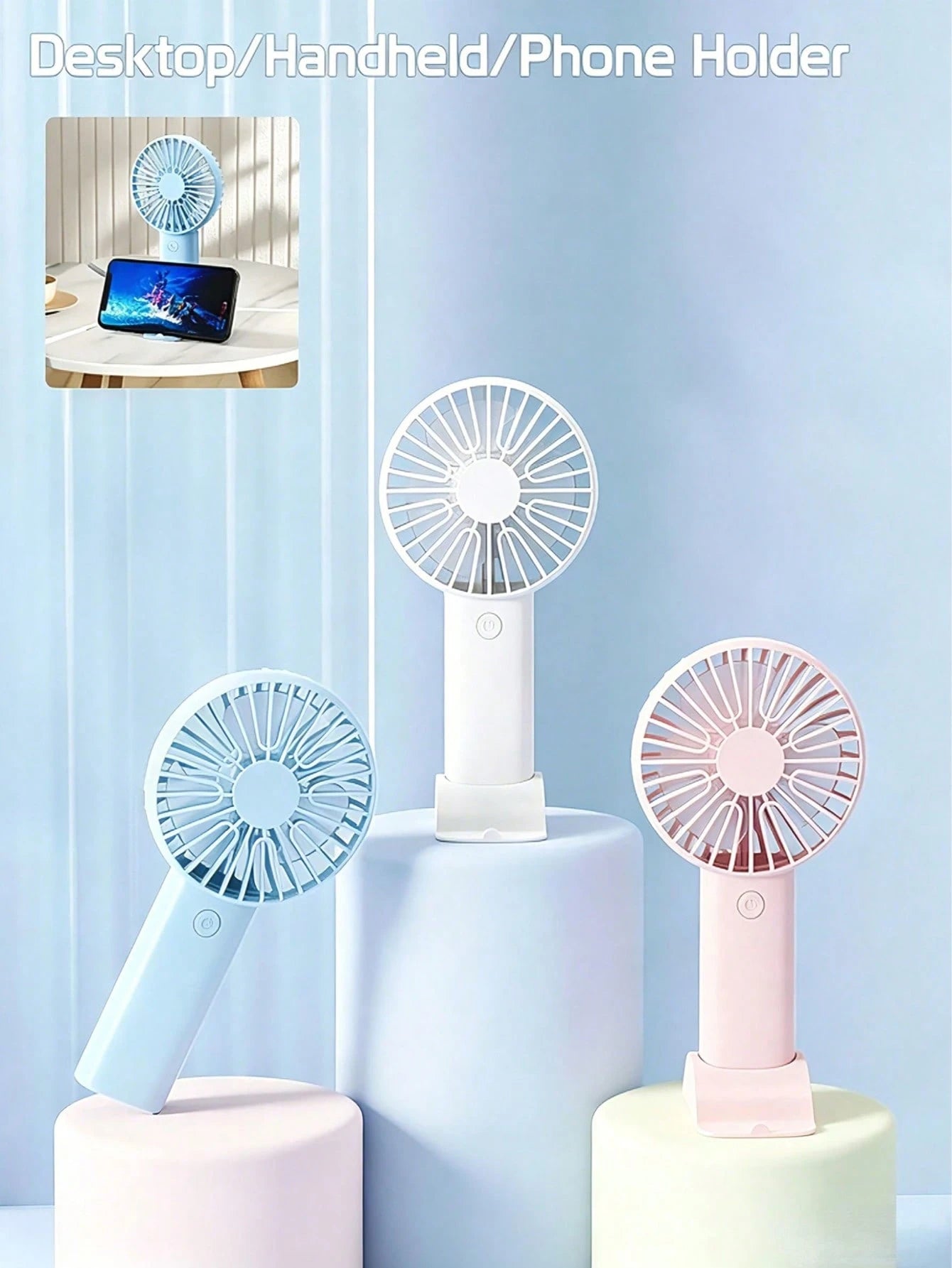 1pc/Set Handheld USB Fan, Portable Rechargeable Fan With 3 Speed Modes, 300mAh Battery, 2W Power Output. Includes Stand For Use As Phone/Tablet Holder. Suitable For Outdoor Activities, Beach, Office