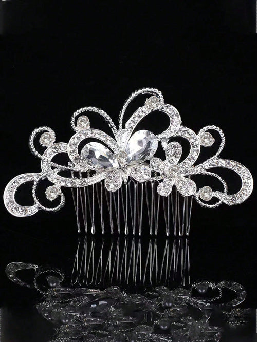 1pc Silver & Gold Tone Elegant Lady Princess Bridal Hair Comb Headpiece Set, Fashionable Exquisite Faux Pearl Plum Blossom Heart Shaped Design, Romantic Dinner, Summer
