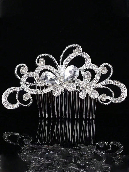 1pc Silver & Gold Tone Elegant Lady Princess Bridal Hair Comb Headpiece Set, Fashionable Exquisite Faux Pearl Plum Blossom Heart Shaped Design, Romantic Dinner, Summer