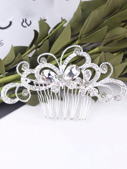 1pc Silver & Gold Tone Elegant Lady Princess Bridal Hair Comb Headpiece Set, Fashionable Exquisite Faux Pearl Plum Blossom Heart Shaped Design, Romantic Dinner, Summer