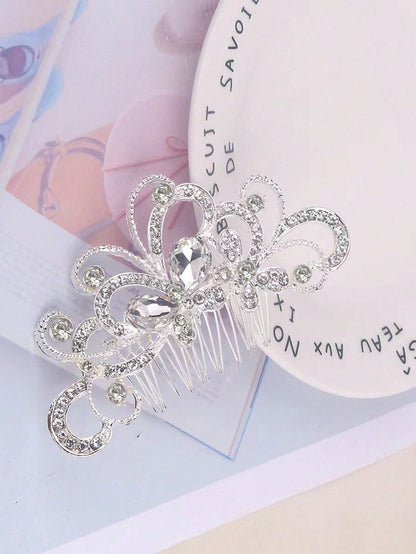 1pc Silver & Gold Tone Elegant Lady Princess Bridal Hair Comb Headpiece Set, Fashionable Exquisite Faux Pearl Plum Blossom Heart Shaped Design, Romantic Dinner, Summer