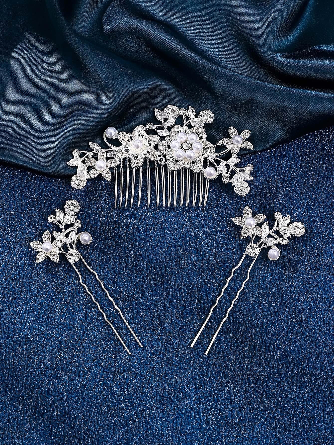1pc Silver & Gold Tone Elegant Lady Princess Bridal Hair Comb Headpiece Set, Fashionable Exquisite Faux Pearl Plum Blossom Heart Shaped Design, Romantic Dinner, Summer