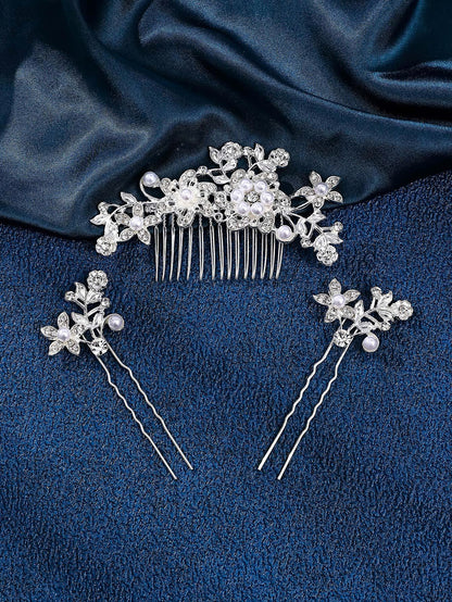1pc Silver & Gold Tone Elegant Lady Princess Bridal Hair Comb Headpiece Set, Fashionable Exquisite Faux Pearl Plum Blossom Heart Shaped Design, Romantic Dinner, Summer