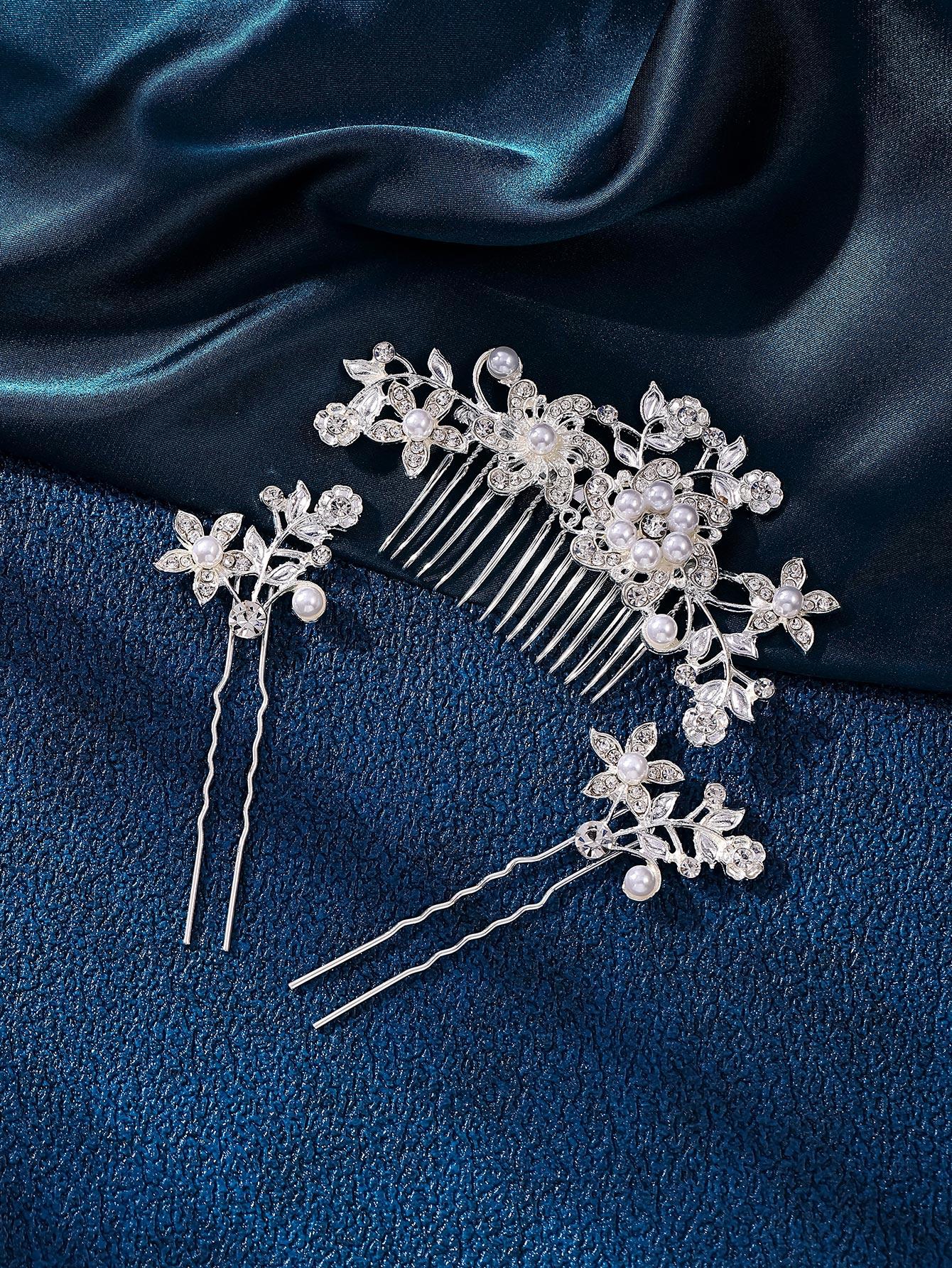 1pc Silver & Gold Tone Elegant Lady Princess Bridal Hair Comb Headpiece Set, Fashionable Exquisite Faux Pearl Plum Blossom Heart Shaped Design, Romantic Dinner, Summer