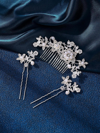 1pc Silver & Gold Tone Elegant Lady Princess Bridal Hair Comb Headpiece Set, Fashionable Exquisite Faux Pearl Plum Blossom Heart Shaped Design, Romantic Dinner, Summer